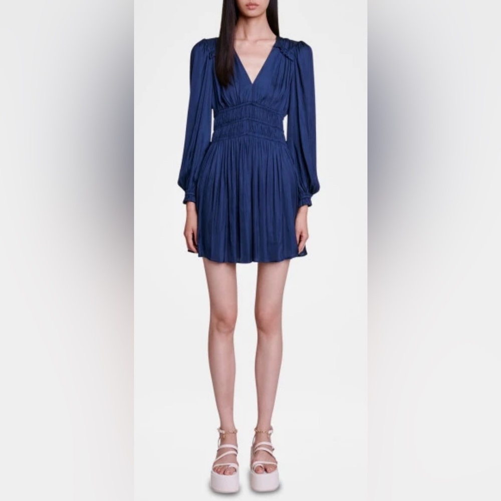Maje Rianne Navy Satin Mini Dress Gathered Ruffled V Neck Size 36 US 4